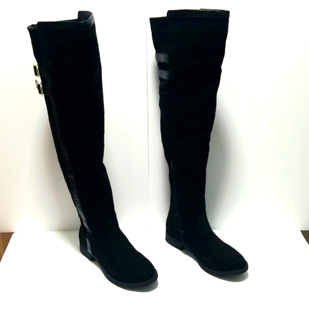 Shoe Dazzle Black Coralie Double Buckle Boot, Over Knee-Length boots Size 6